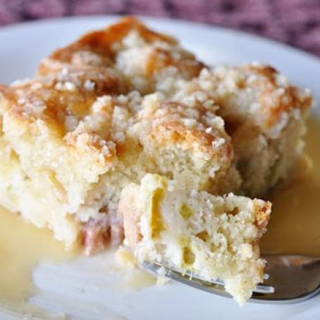 Rhubarb Streusel Cake with Warm Vanilla Sauce