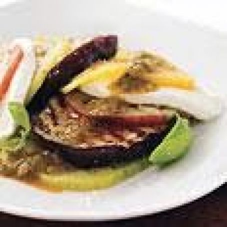 Eggplant Caprese with Grilled Tomato and Basil Vinaigrette