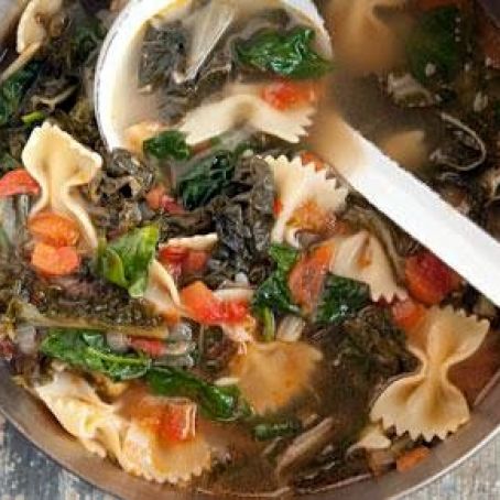 Hearty Greens Soup with Bowtie Pasta and Tomatoes