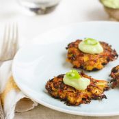 Kolhrabi Carrot Fritters with Avocado Cream Sauce