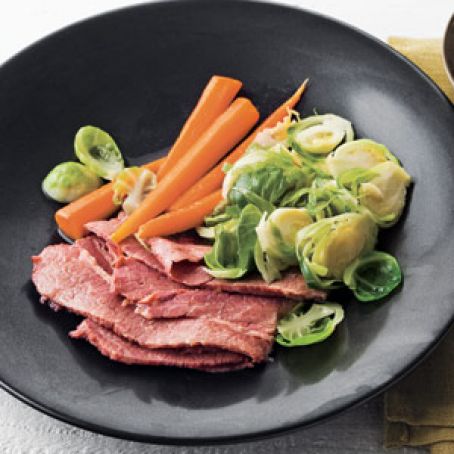 Ale-Braised Corned Beef, Brussels Sprouts, and Carrots
