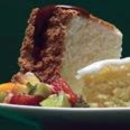 Orange Angel Food Cake with Caramel Sauce and Tropical-Fruit Compote