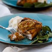 Mahimahi with Garlic-Yogurt Potatoes and Almond-Orange Pesto