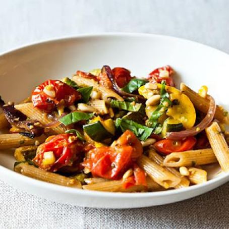 Penne with Sweet Summer Vegetables, Pine Nuts, and Herbs