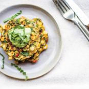 Sweet Corn and Squash Fritters With Avocado Crema