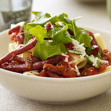 Roasted Red Pepper Rigatoni Arrabbiata with Sopressata Sticks
