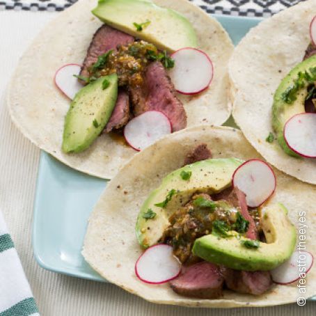 Steak Tacos & Mole Verde with Radishes & Avocado