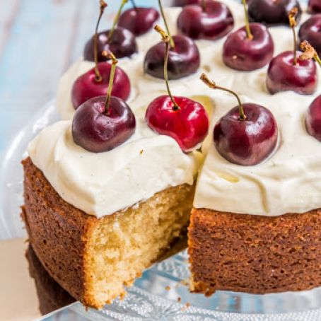 Brown Butter Cake with Vanilla Bean Cream and Cherries