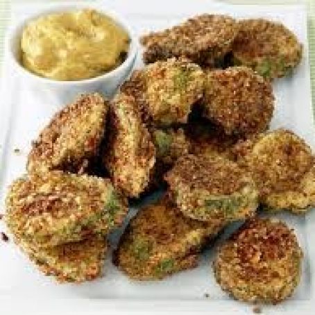 Pretzel-Crusted Pickle Chips with Mustard Sauce