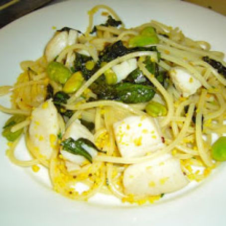 Scallops, RAMPS, AND DANDELIONS GREENS OVER PASTA