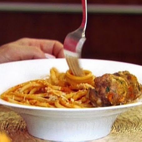 Bucatini All' Amatriciana W/ Spicy Smoked Mozzarella Meatballs
