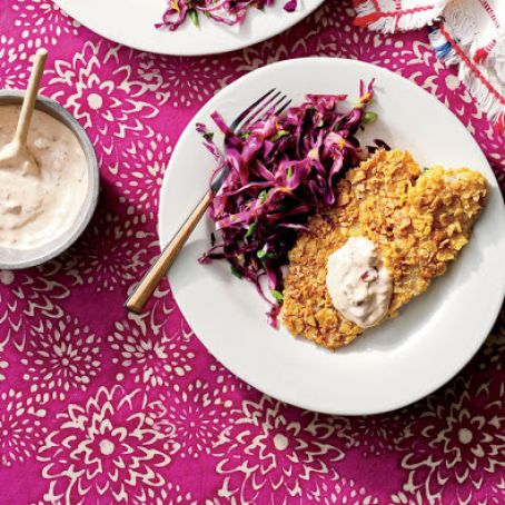 Tortilla-Crusted Tilapia with Citrus Slaw and Chipotle Tartar Sauce