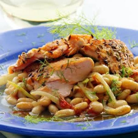 SEARED SALMON w/WHITE BEANS & FENNEL