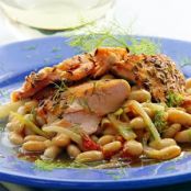 SEARED SALMON w/WHITE BEANS & FENNEL