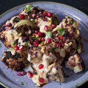 Cauliflower Shawarma with Pomegranate, Tahini, and Pine Nuts