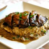 Mushroom over mashed cauliflower smothered in gravy
