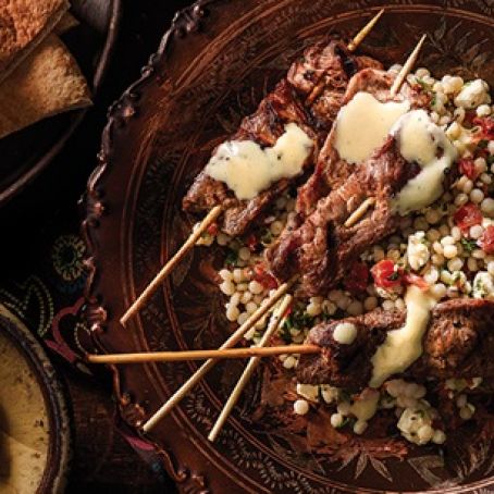 Steak Satay with Lemon Tahini Sauce and Tomato-Couscous Salad