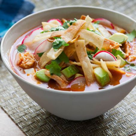 Chicken Tortilla Soupwith Hominy, Avocado & Queso Fresco