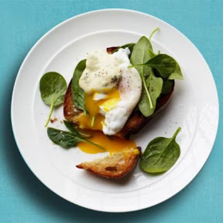 Crostini with Spinach, Poached Egg, and Creamy Mustard Sauce