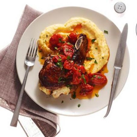 Mozzarella-Stuffed Pork Chops with Polenta and Tomatoes