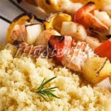 Grilled Fish and Vegetable Kebabs and Couscous with Mint Pesto