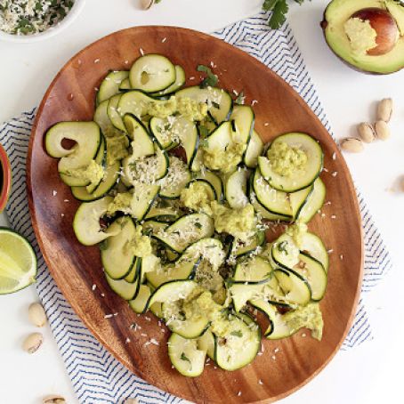LIME-COCONUT ZUCCHINI CARPACCIO WITH AVOCADO-PISTACHIO DRIZZLE