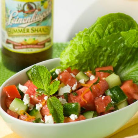 Leinenkugel’s Watermelon, Tomato and Cucumber Salad with Goat Cheese and Honey Lemon Dressing