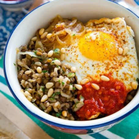 Brown Rice Mujadara Bowl with a Fried Egg