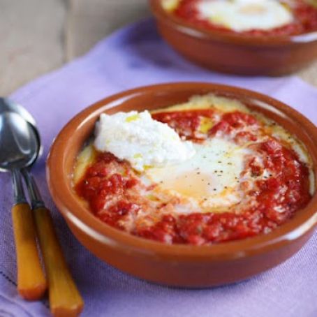 Baked Eggs in Creamy Polenta and Pepperoni Tomato Sauce