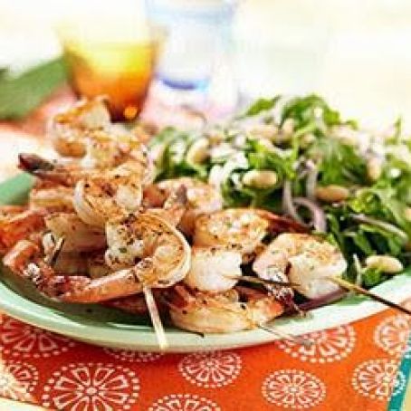 Rosemary Shrimp Skewers with Arugula-White Bean Salad