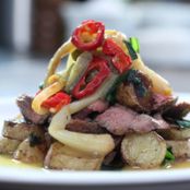 Pan Roasted Skirt Steak with Fingerlings and Ramp Leaves with a Pickle Sauce
