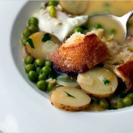 BOUILLABAISSE OF FRESH PEAS w/POACHED EGGS