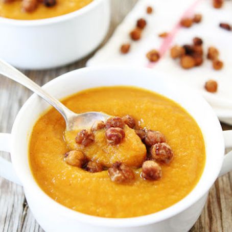 Slow Cooker Butternut Squash Soup with Maple Roasted Chickpeas