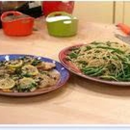 Chicken or Fish Piccata and Thin Spaghetti with Asparagus, Green Beans and Peas