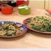Chicken or Fish Piccata and Thin Spaghetti with Asparagus, Green Beans and Peas