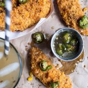 Cheddar Cornbread Chicken Fingers with Jalapeño Honey Butter.