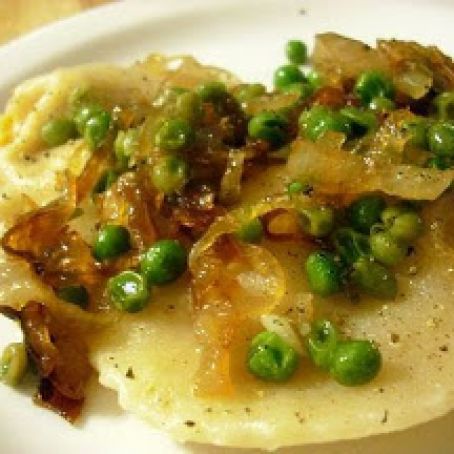 Pumpkin Ravioli with Peas and Caramelized Shallots