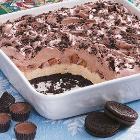 Oreo, peanut butter cup no bake dessert..