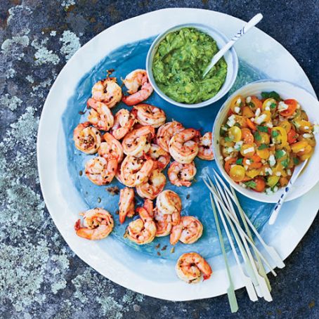 Spiced Shrimp with Tomato Salsa and Avocado Dip