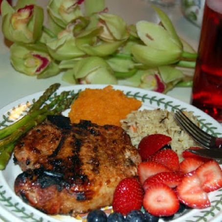 Adobe Pork Chops with Rice, Asparagus, Pineapple, Blackberries and Strawberries