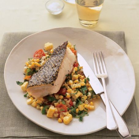 Striped Bass with Tomatoes, Corn, and Basil