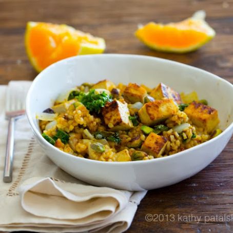 Vegan - Pumpkin-Pistachio Kale Fried Rice Bowl w/Maple Tofu Cubes.