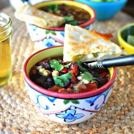 Black Bean and Corn Soup + Spicy Mexican Three Cheese Quesadillas