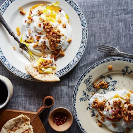 Turkish-Style Poached Eggs with Garlic Yogurt, Chili Flakes & Walnut Butter