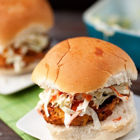 Buffalo Chicken Burgers with Ranch Slaw
