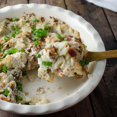 Mashed Potato Casserole with Pulled Chicken and Crispy Bacon