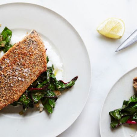 Almond-Crusted Trout with White Grits and Swiss Chard