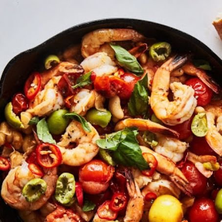 One-Skillet Shrimp & Cannellini Beans in Tomato-Chile Broth
