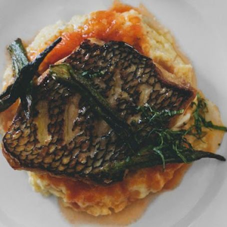 Seared Bass with Corn Polenta and Tomato Compote