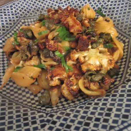 Roasted Cauliflower and Cabbage Pasta with Fried Capers and Cheddar
